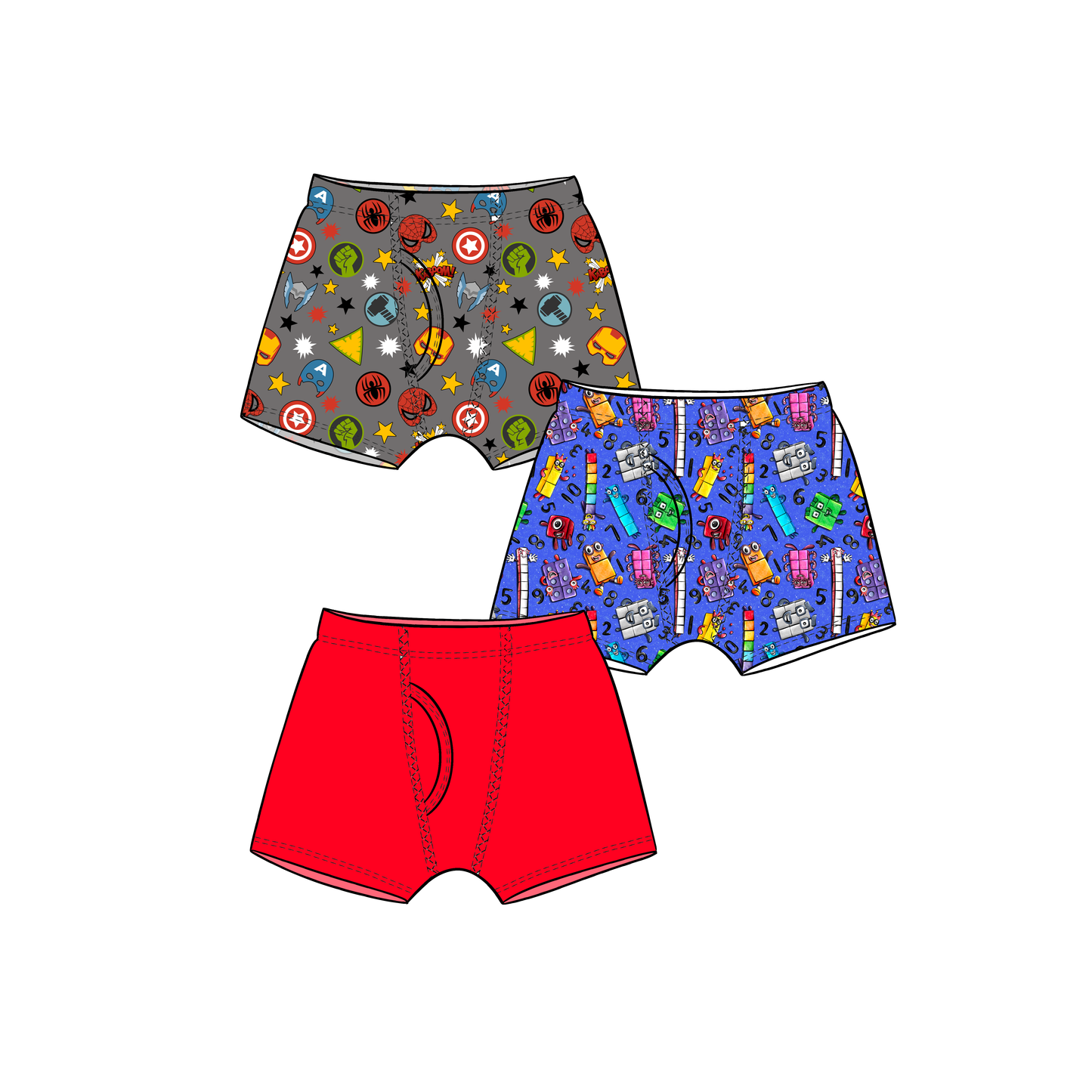 RTS Bamboo Boxer Briefs - 3 pack - Kaboom, solid red ,Number Blocks
