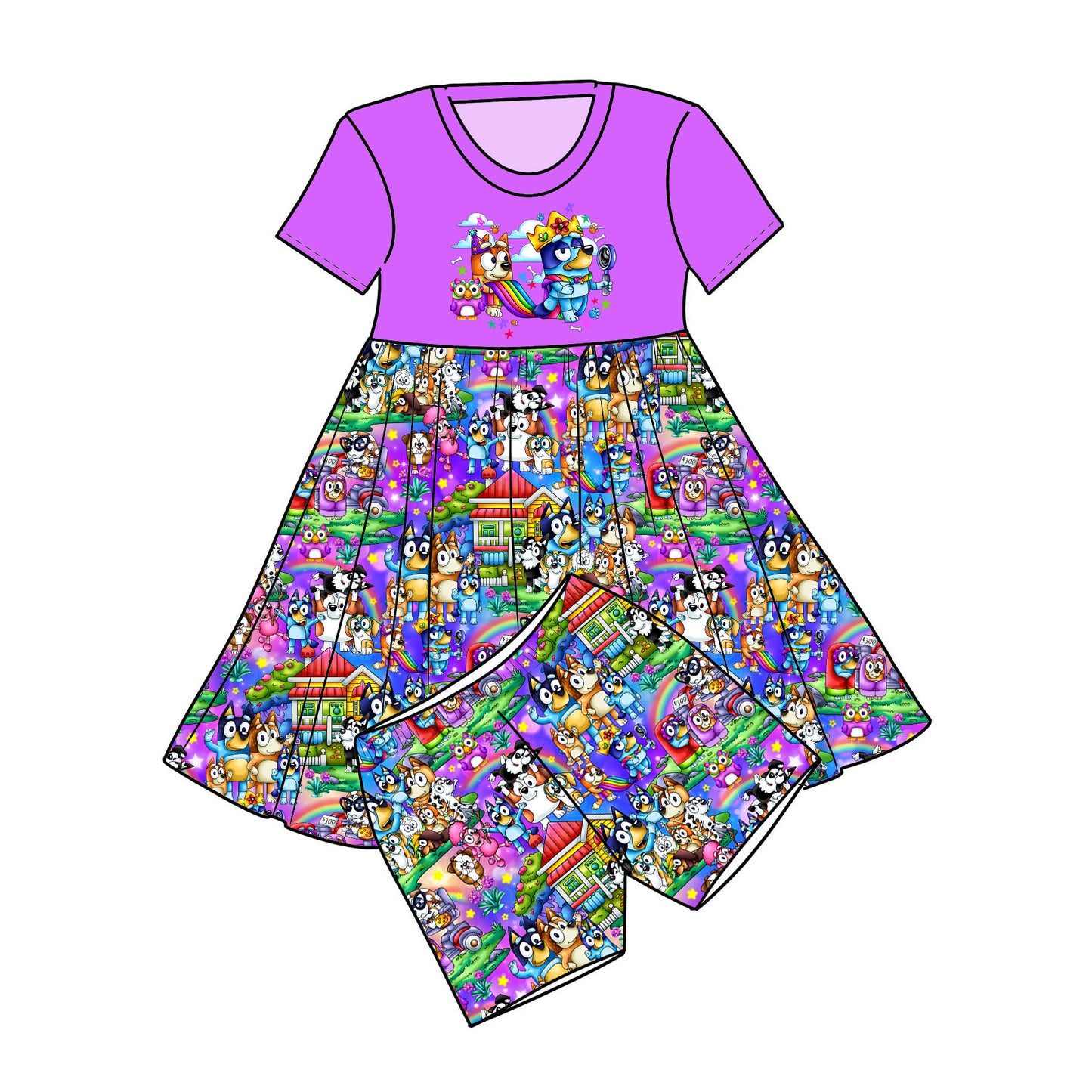 April Pre-order Graphic Twirl Dress with Shorts - Rainbow Dogs