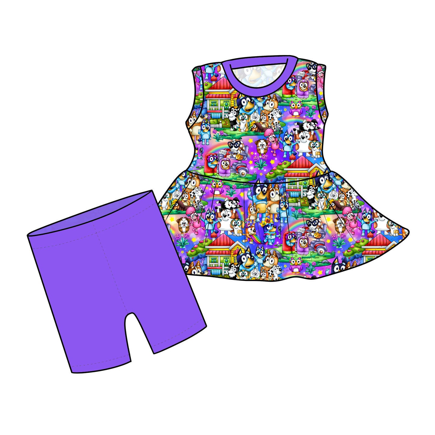 RTS Peplum and Shorts - Rainbow Dogs