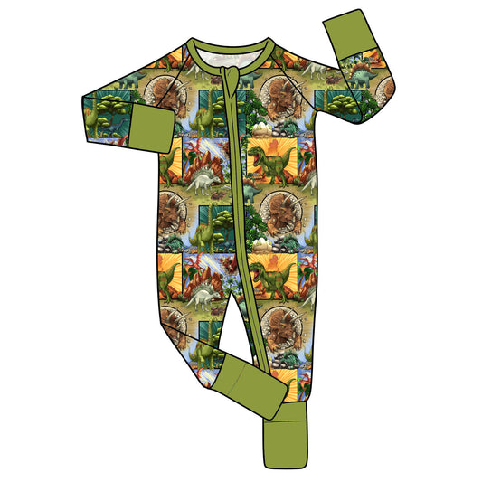 July Pre-Order Bamboo Convertible Zip Romper - Panel Dinos