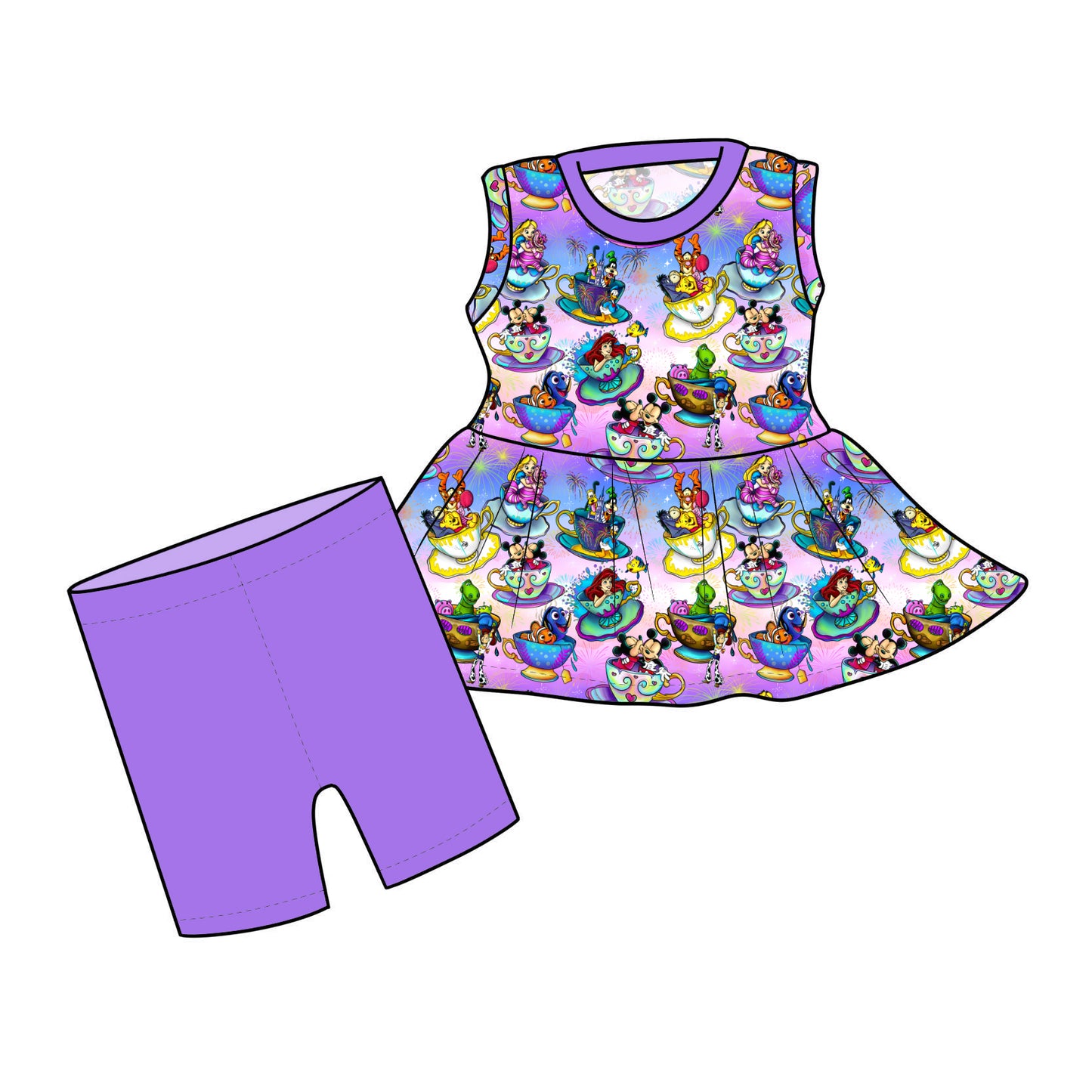 June Pre-Order Sleeveless Peplum and Shorts - Purple Teacups