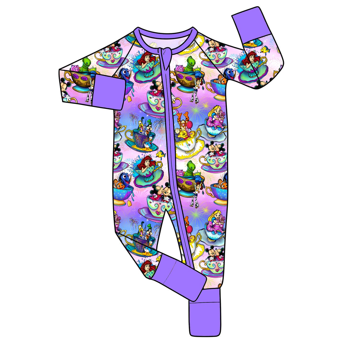 June Pre-Order Bamboo Convertible Zip Romper - Purple Teacups