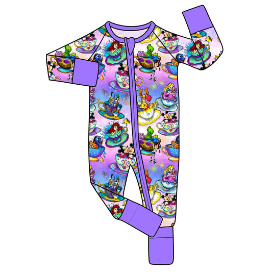 June Pre-Order Bamboo Convertible Zip Romper - Purple Teacups
