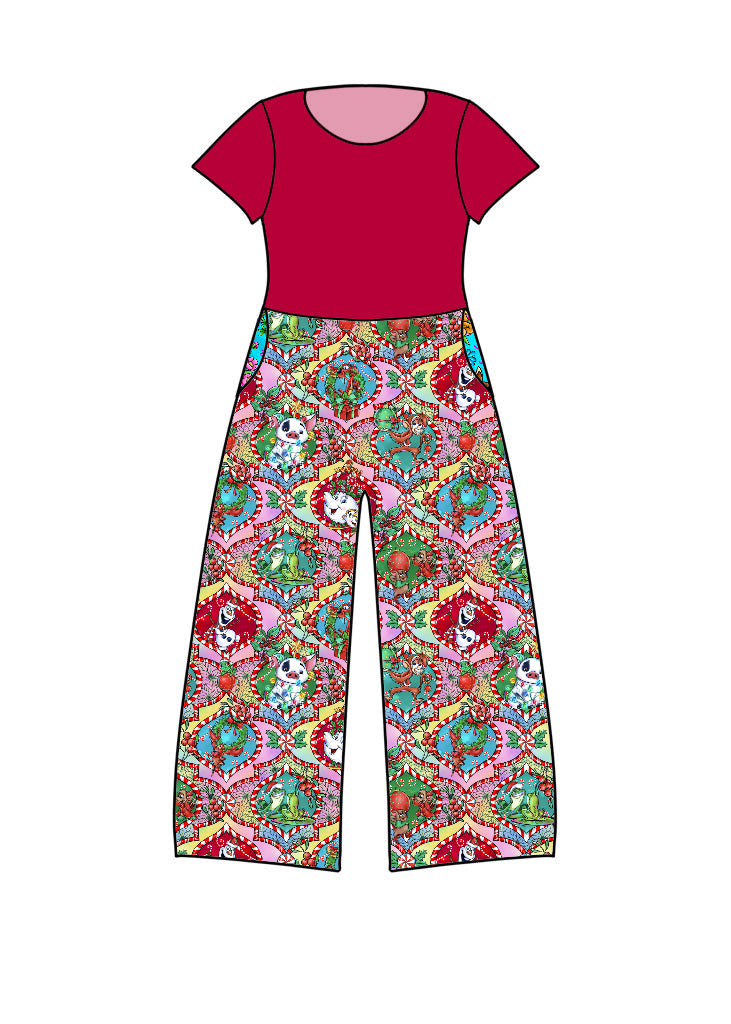 RTS Wide-leg one piece Romper - Xmas Sidekicks Red/Pink