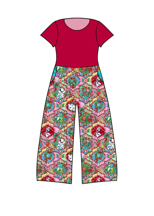 RTS Wide-leg one piece Romper - Xmas Sidekicks Red/Pink