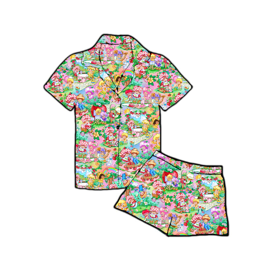 RTS Women's Button down top and shorts set - Strawberry Surprise