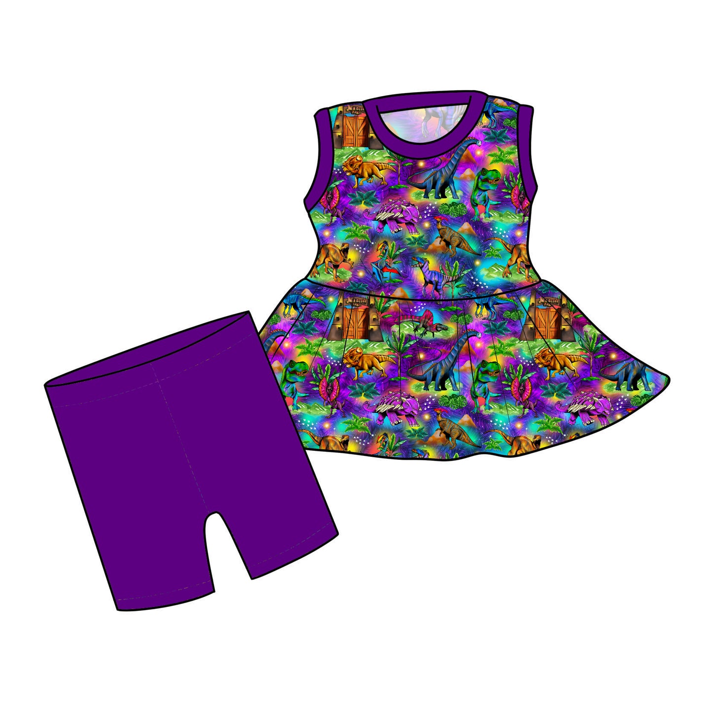 RTS Peplum and Shorts - PURPLE Jurassic